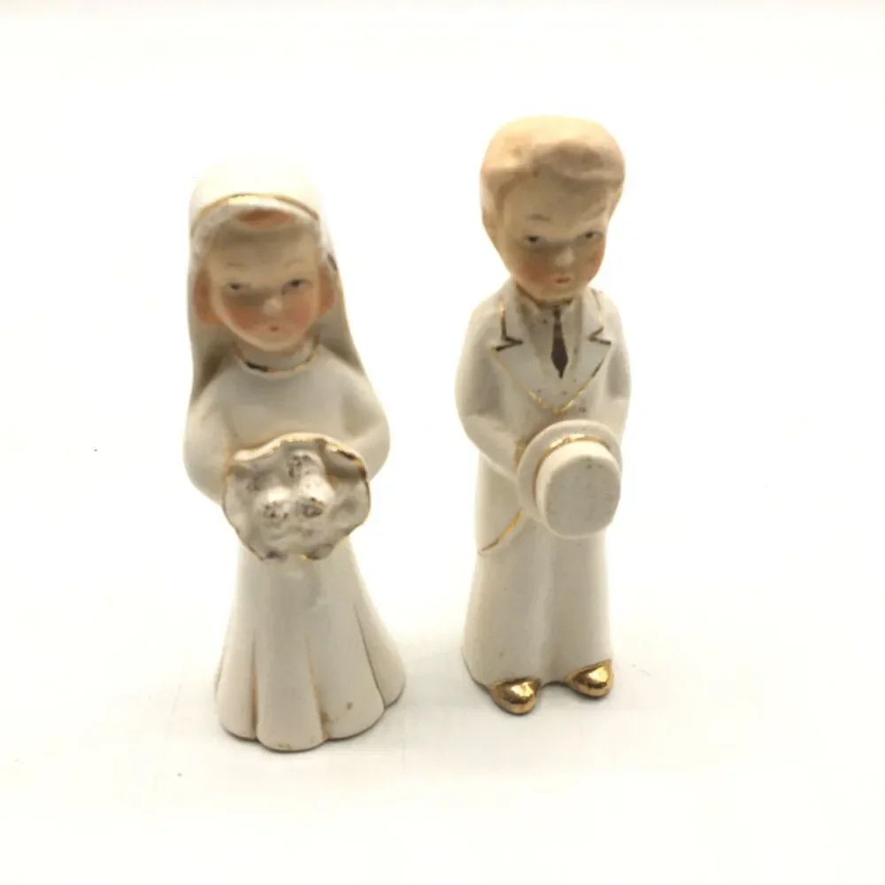 Vtg Porcelain Bride and Groom Wedding Topper White Gold 5” Japan READ Distressed